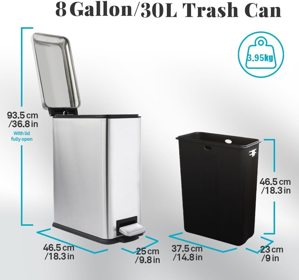 30L/Slim 8 Gallon Stainless Steel Trash Can with Soft-Close Lid & Removable Inner Bucket, Fingerprint-Proof, Odor-Controlled Kitchen Bathroom & Office Waste Bin, Silver