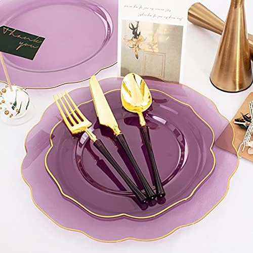 Ciaell 120PCS Clear Purple Plastic Plates - Purple Party Disposable Gold Plastic Plates including 48Plates, 24Forks, 24Spoons, 24Knives for Party & Wedding & Halloween