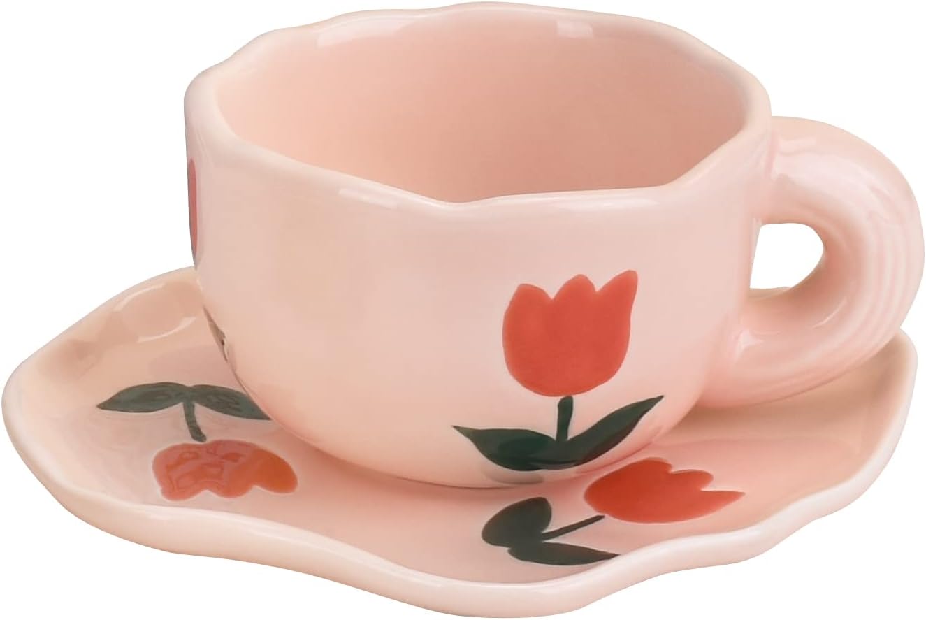 Koythin Ceramic Coffee Mug with Saucer Set, Cute Creative Cup Unique Irregular Saucer Design for Office and Home, Dishwasher and Microwave Safe, 6 oz/180 ml for Latte Tea Milk (Pink Tulips)