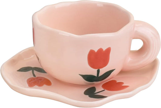 Koythin Ceramic Coffee Mug with Saucer Set, Cute Creative Cup Unique Irregular Saucer Design for Office and Home, Dishwasher and Microwave Safe, 6 oz/180 ml for Latte Tea Milk (Pink Tulips)