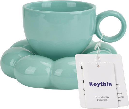 Koythin Ceramic Coffee Mug with Saucer Set, Creative Cute Cup with Sunflower Coaster for Office and Home, Dishwasher and Microwave Safe, 6.5 oz/200 ml for Tea Latte Milk (Blue-green)