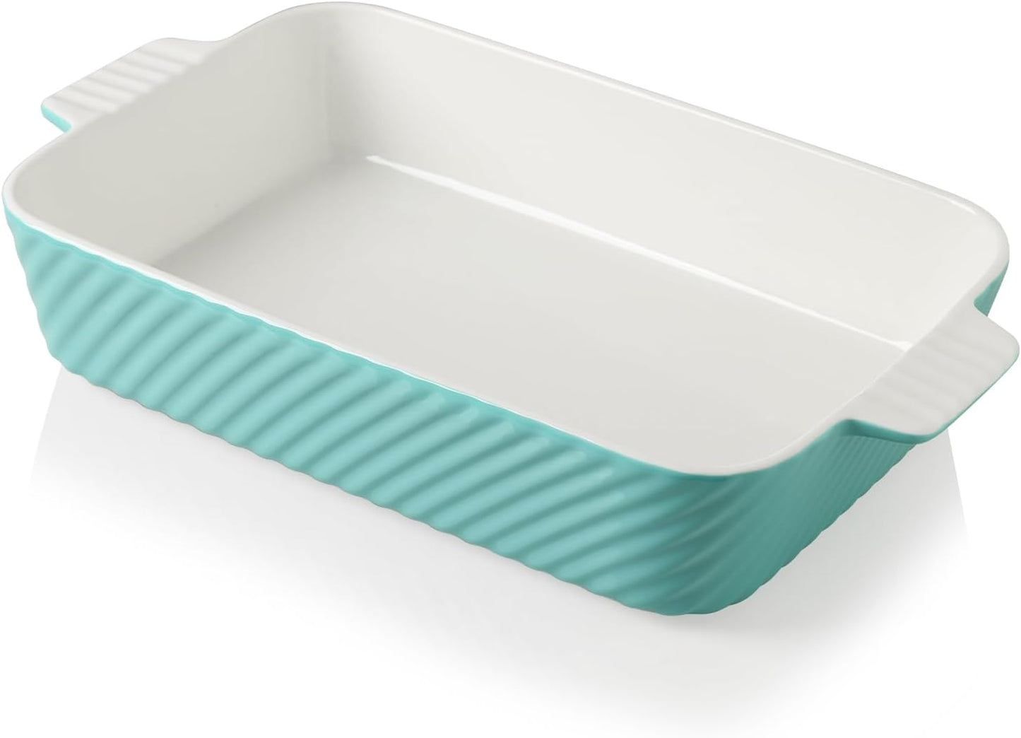 Sweejar Ceramic 13 x 9 Baking Pan, Cake Baking Dish for Brownie, Porcelain Striped Casserole Dishes for Oven with Handle for Lasagna, Family Dinner(Turquoise)