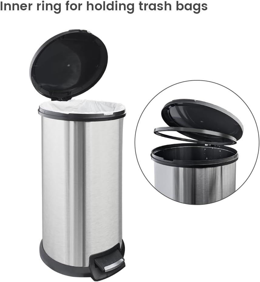 10 Gallon Stainless Steel Trash Can – Round Tall Design, Hands-Free Pedal, Liner-Free with Inner Ring Bag Holder，Rust-Proof for Kitchen, Office, or Bathroom
