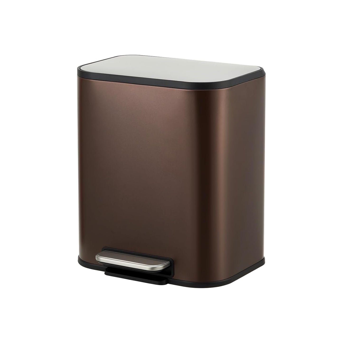 Trash Can for Kitchen, 5.3 Gallon Stainless Steel Garbage Can with Soft-Close Lid, Rectangular Trash Can with Step-On Pedal and Inner Bucket for Home Office Bathroom Living Room, Brown