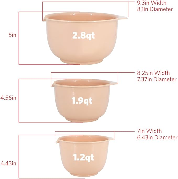 GLAD Mixing Bowls with Pour Spout| Nesting Design Saves Space | Non-Slip, BPA Free, Dishwasher Safe Plastic | Kitchen Cooking and Baking Supplies, Blush, 3 piece set