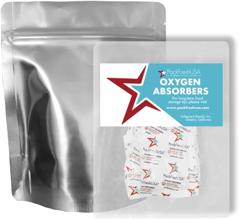 PackFreshUSA: 50 Pack - 7 Mil - Pint Seal-Top Stand Up Mylar Bags - 100cc Oxygen Absorbers - Heat Seal - Long-Term Food Storage