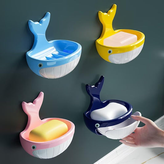 Soap Holder Shower Dish bar Wall Bathroom Shampoo Dishes Caddy Mounted Sponge Adhesive Tray Bath Shelf Draining Dishes Cute Whale Design Bathtub Kitchen Sink jabonera para baño，Yellow