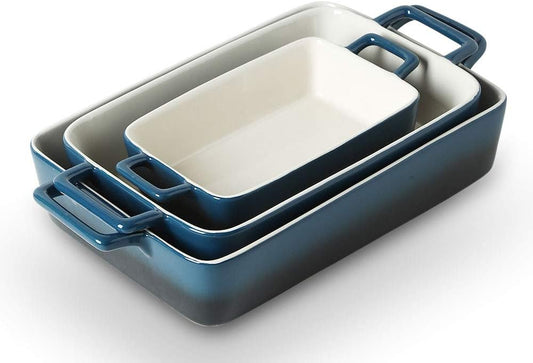 Bakeware Set, Ceramic Baking Dish, Rectangular Baking Pans Set, Casserole Dish for Cooking, Cake Dinner, Kitchen, Wrapping Upgrade, 12 x 8.5 Inches, 3-Piece (Gradient Blue)