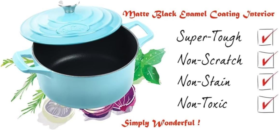 La Cuisine 2175MB Enameled Cast Iron Dutch Oven, Casserole, Pot, 5-Quart (QT) - Matte Black Enamel Interior, Teal Porcelain Enamel Coating Finish Exterior