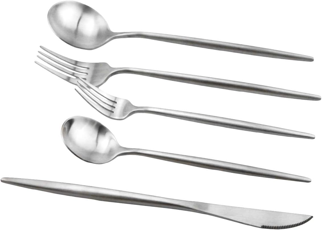 JASHII Royal Silverware Set, Matte 5 Pieces Food Grade 18/10 Stainless Steel Flatware Set Include Fork Spoon Knife Teasppons Utensils for Daily Use and Party, Service for 1, Anti Rust(Silver,1)