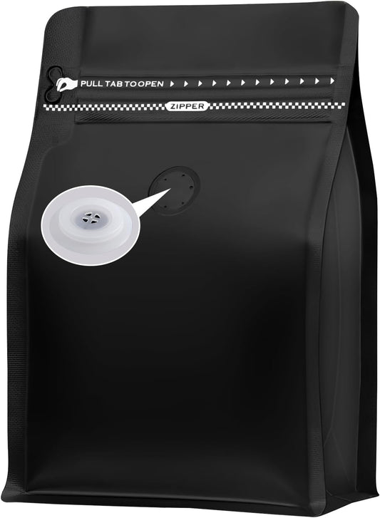 REMTAP Coffee Bags with Valve(50pcs,8 oz,1/2 lb) Black High Barrier Aluminumed Foil Flat Bottom Standing Coffee Beans Storage Bags,Reusable Heat Sealable Side Zipper Pouches for Home or Store