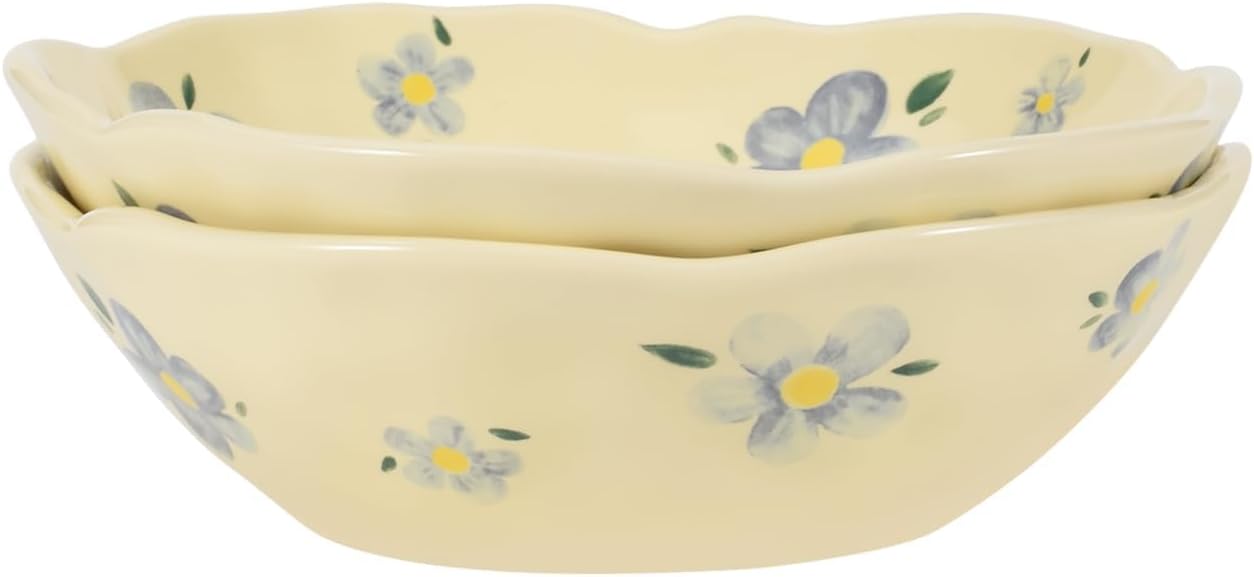 Koythin Salad Bowls Set of 2, Cute Blue Flower Ceramic Bowls, Cream Yellow Serving Bowl for Pasta, Cereal, Fruit, Soup, Rice, Dishwasher and Microwave Safe (Blue Flower Set of 2)