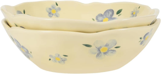 Koythin Salad Bowls Set of 2, Cute Blue Flower Ceramic Bowls, Cream Yellow Serving Bowl for Pasta, Cereal, Fruit, Soup, Rice, Dishwasher and Microwave Safe (Blue Flower Set of 2)