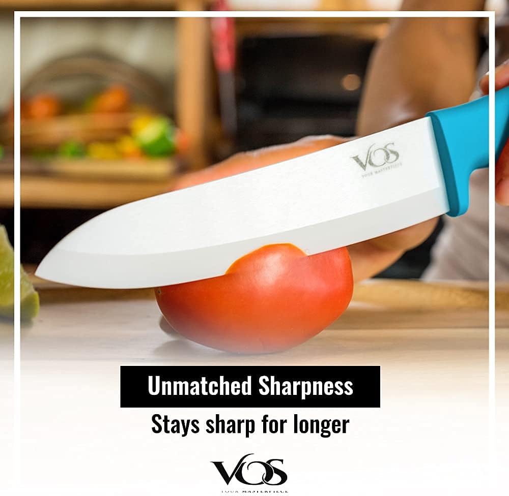 Vos Ceramic Knife Set with Peeler, Ceramic Knives Set For Kitchen, Ultra Sharp Kitchen Knife Set with Covers, 3" 4" 6" Paring, Utility & Chef Knife, Lightweight, Dishwasher safe (Multi-Color Handle)