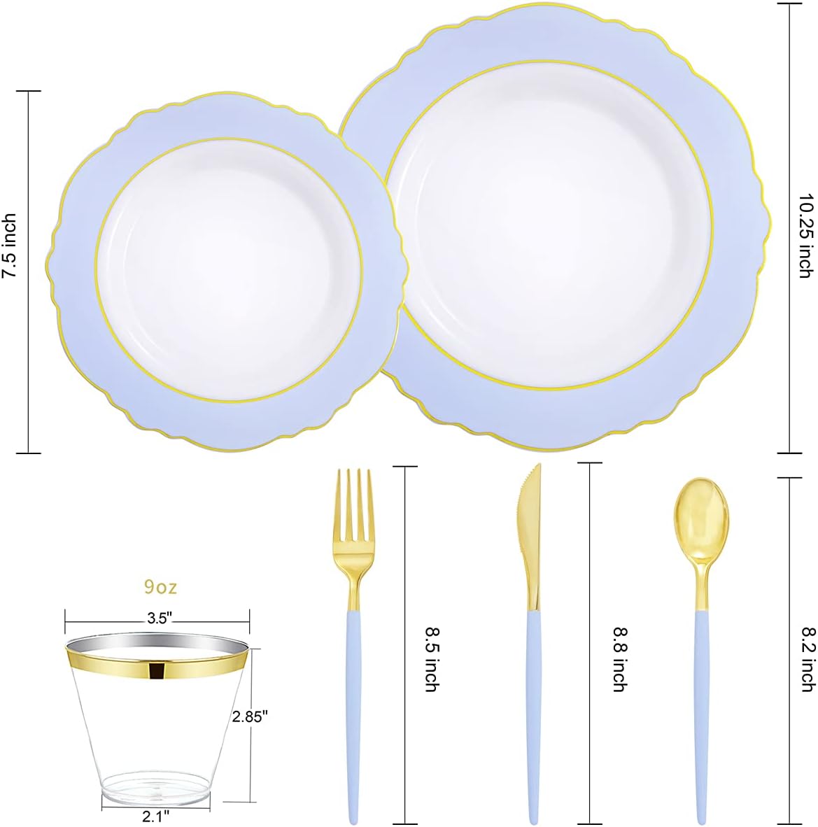 WDF 150pieces Baby Blue Plastic Plates with Gold Rim - Disposable Gold Plastic Silverware With Blue Handle-Baroque Light Blue&Gold Disposable Plates Dinnerware for Wedding/Party