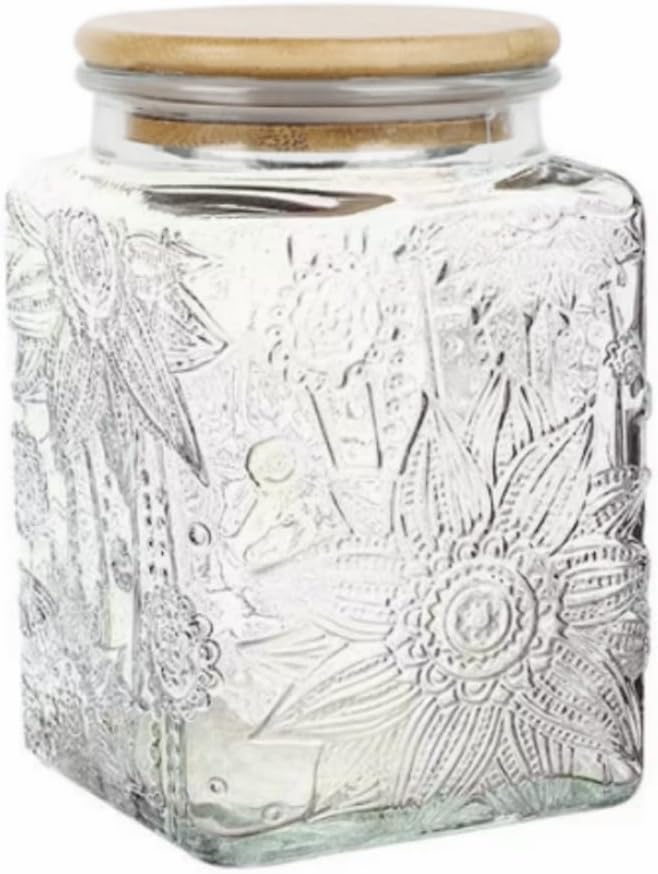 ANSQU Square Glass Jar, 25.3oz Vintage Glass Jar with Lid, Glass Food Storage Containers for Ground Coffee, Tea, Sugar, Candy, Decorative Glass Jar