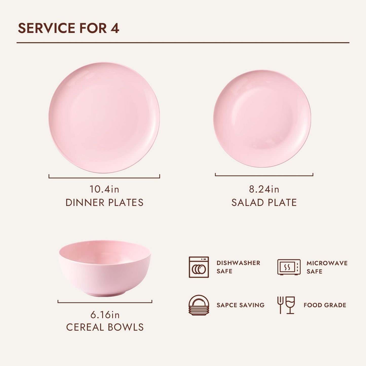 KINGSTONE Bone China Dinnerware Sets, 12-Piece Dinnerware Sets for 4, Lightweight Durable, Dishwasher Safe, Tableware for Daily Use with Elegant Design, Pink