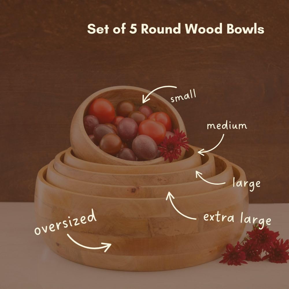 Small Salad Bowl, 11" Wide, Kitchen Countertop Fruit Bowl, Mixing, Serving, Farmhouse Style, Mango Wood, Round, Dining & Entertaining, Serves 2-3