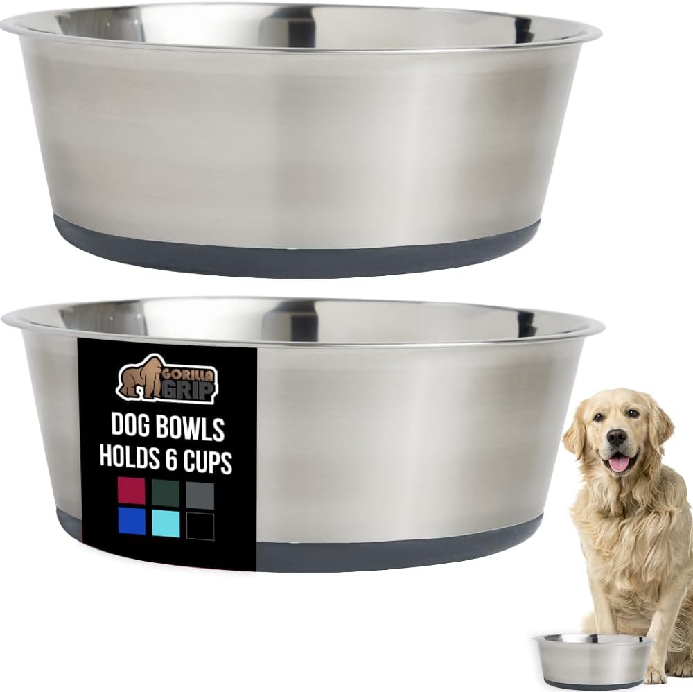GORILLA GRIP Set of 2 Dog Bowls, Holds 6 Cups (48 fl oz), Heavy Duty Metal Food and Water Bowl for Feeding Dogs and Cats, Dishwasher Safe, Rust Resistant Stainless Steel, BPA Free Rubber Base, Gray