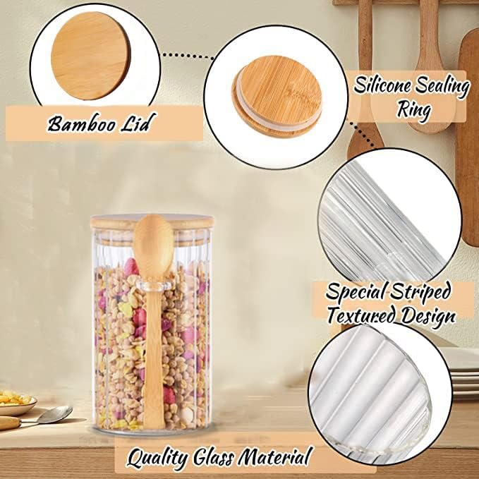 24 FL OZ Airtight Glass Jar with Bamboo Spoons Lids Overnight Oats Container Decorative Coffee Bar Food Storage Jar Cereal Nuts Salts Coffee Tea Flour Sugar Container Spice Jar
