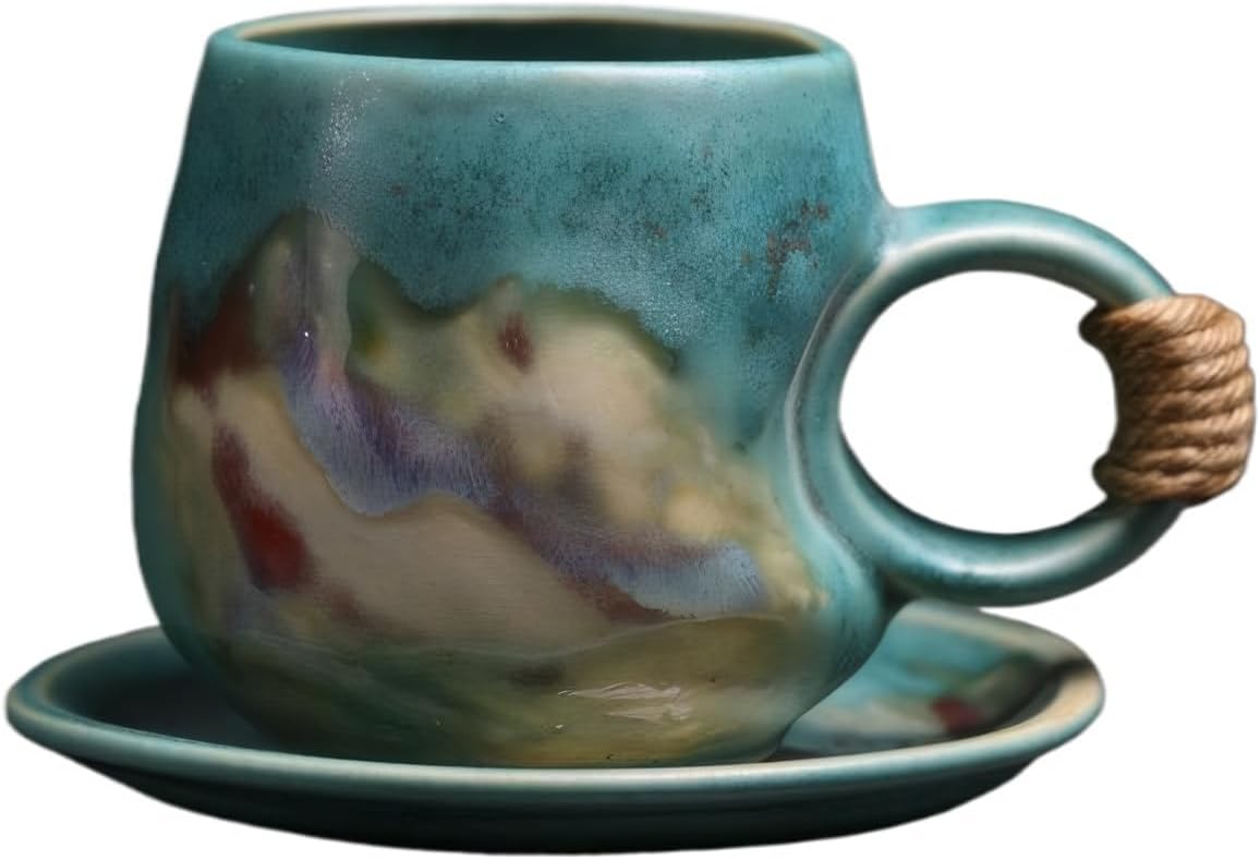 10oz Unique Vintage Retro Japanese Handmade Ceramic Cappuccino Barista Cup with Saucer – Artisanal Stoneware Coffee Mug, Lead-Free Latte Art Mug，Handmade Pottery tea mug or tea cup (1, Green)