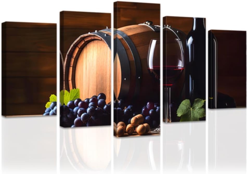 DOARTDO 5 Pieces Kitchen Wall Art Wine and Fruit Grape Pictures Food Canvas Prints Red Wine Cups Painting Large Kitchen Dining Room Bar Cellar Decor Framed (Black, (8x14inx2 8x18inx2 8x22inx1))
