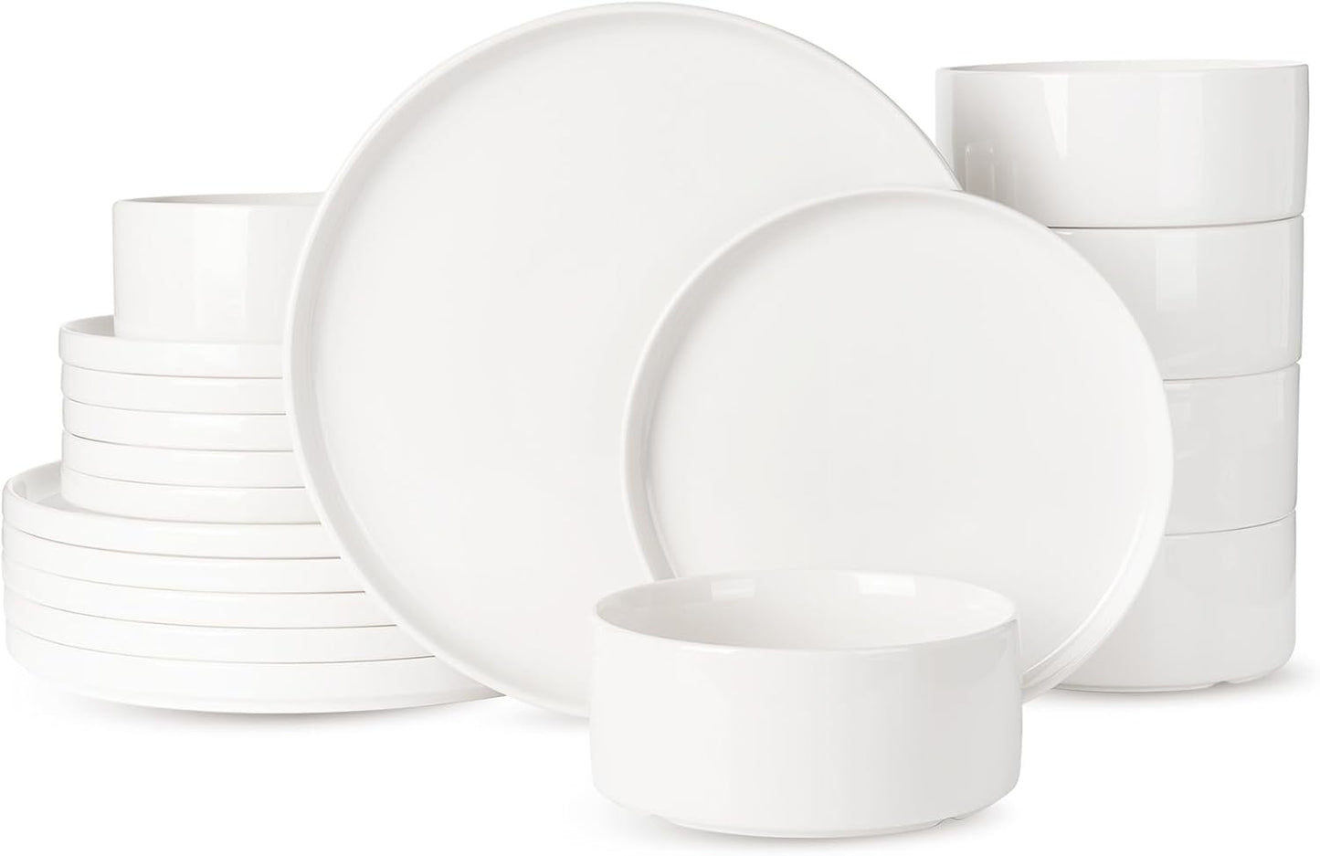 Famiware Porcelain Dinnerware Set, 18-Piece Modern Plate and Bowl Set, dish set for 6, Microwave and Dishwasher Safe Tableware, White