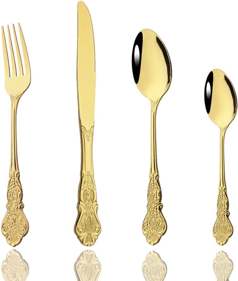 JASHII Palace Gold Silverware Set 4 Piece Family Dinnerware Set Flatware Set for 1 Silver Tableware Set Great for Family Gatherings & Daily Use-Spoons, Knives, Teaspoons, Forks (Gold）