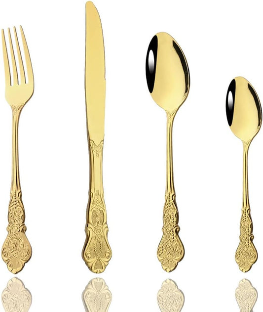 JASHII Palace Gold Silverware Set 4 Piece Family Dinnerware Set Flatware Set for 1 Silver Tableware Set Great for Family Gatherings & Daily Use-Spoons, Knives, Teaspoons, Forks (Gold）