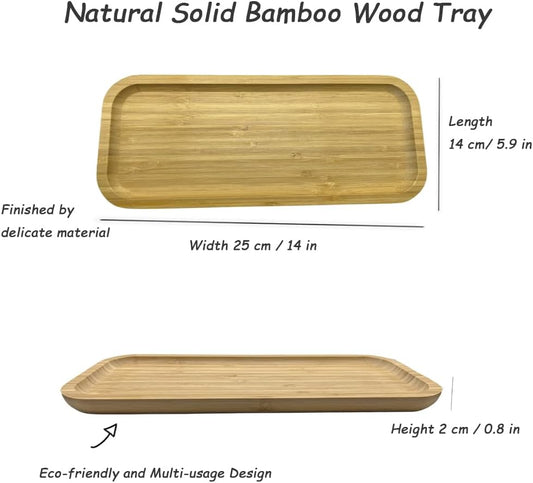 Wood Vanity Tray, Bathroom Counter Solid Bamboo Organizer, Toilet Tank Top Wooden Serving Plate for Dinner Tea Coffee (Natural Bamboo Color, 14 x 5.9 inch)