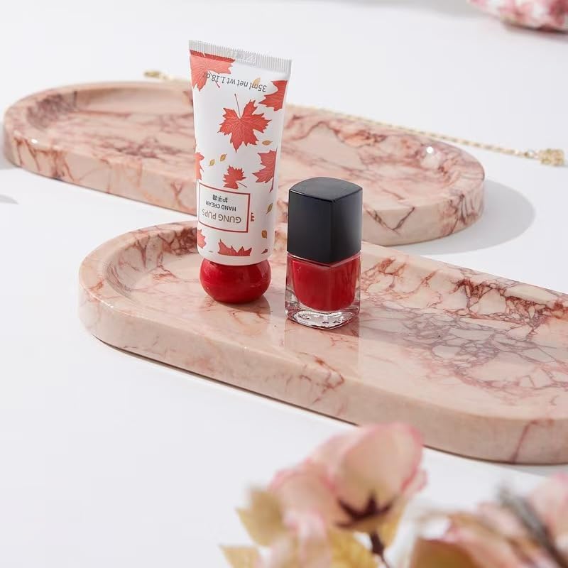Natural Marble Tray, Oval Vanity Decorative Tray for Bathroom Counter, Countertop Stone Organizer, Catchall Tray for Kitchen, Perfume, Candles, Jewelry Dish Decorative Tray