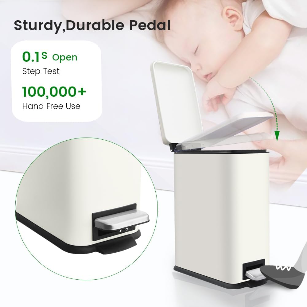 Large Bathroom Trash Can, 16.7L/ 4.4 Gallon Trash Can with Removable Wastebasket, Hand Free Garbage Can with Soft close Lid, Stainless Steel Skinny Trash Bin for Bedroom, Home Office, White