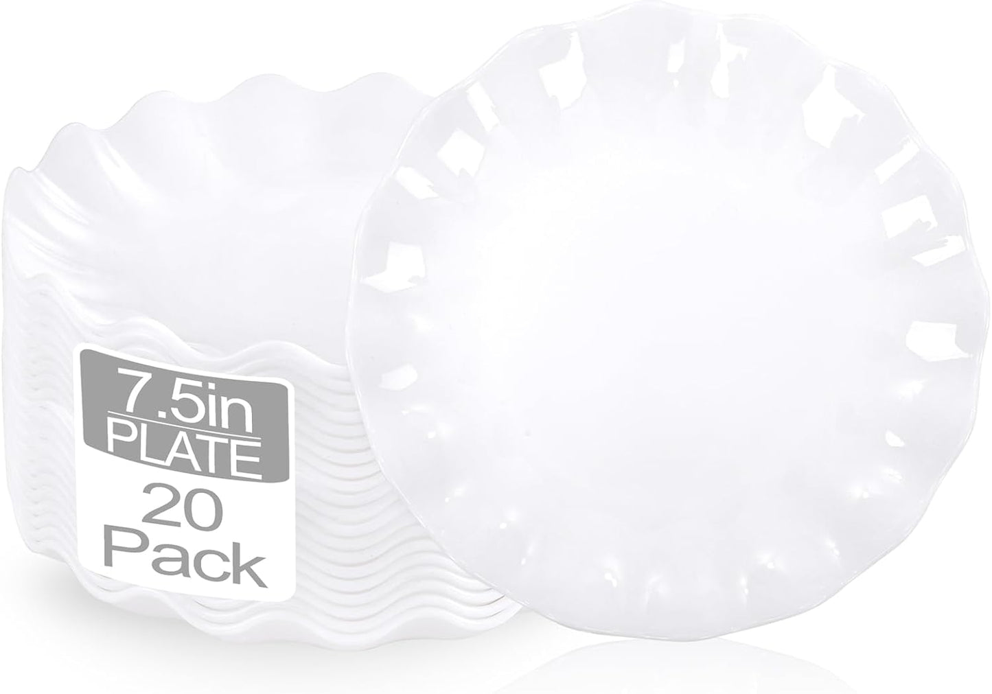 LIYH 20 Pcs 7.5 Inch White Scalloped Plastic Dessert Plates Reusable - Unbreakable Plastic Plates for Weddings Party Outdoor Picnics Dishwasher Safe BPA Free