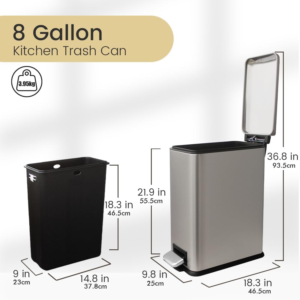 30L/Slim 8 Gallon Stainless Steel Trash Can with Soft-Close Lid & Removable Inner Bucket, Fingerprint-Proof, Odor-Controlled Kitchen Bathroom & Office Waste Bin, Grey
