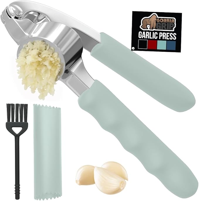 GORILLA GRIP Garlic Press and Peel Set, Heavy Duty Mincer Tool, Easily Mince and Crush Garlics, Ginger, Nuts, Seeds, Large Ergonomic Handle, Peeler Included, Peeling Cloves, Kitchen Gadgets, Mint