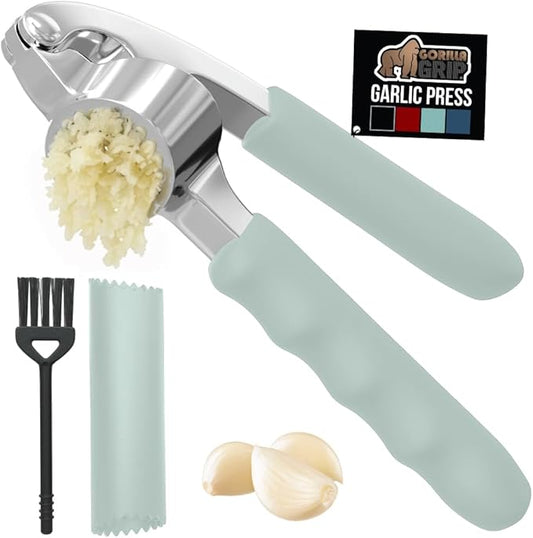 GORILLA GRIP Garlic Press and Peel Set, Heavy Duty Mincer Tool, Easily Mince and Crush Garlics, Ginger, Nuts, Seeds, Large Ergonomic Handle, Peeler Included, Peeling Cloves, Kitchen Gadgets, Mint