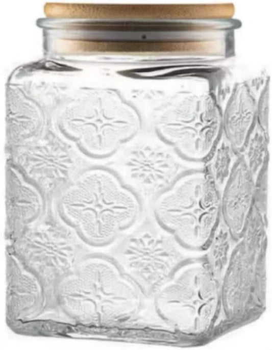 25.3oz Airtight Square Glass Jar, Vintage Decorative Storage Canister with Bamboo Lid, Glass Food Storage Container for Candy Snack Cookies Coffee Tea Nuts, Cute Jar (Square Begonia)