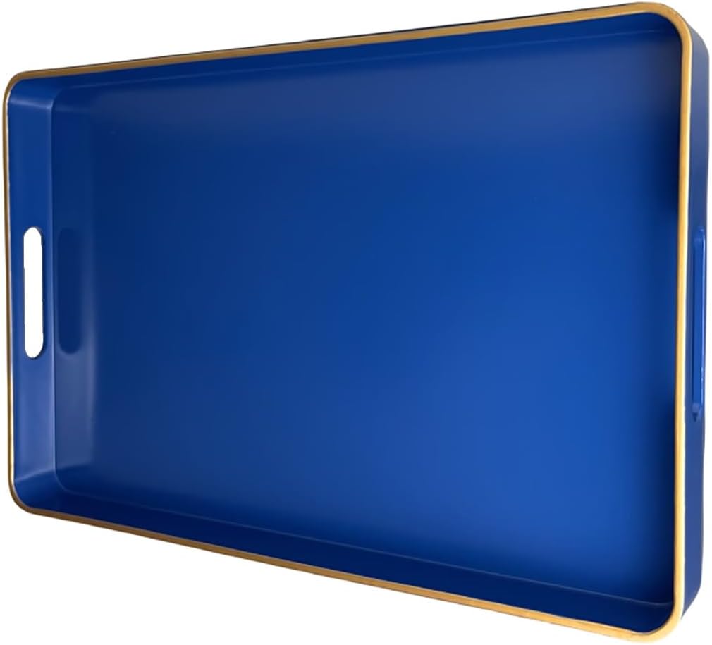 Navy Blue Serving Tray with Handles, Rectangular Decorative Tray for Coffee Table, Plastic Rectangular Tray for Ottoman, Living Room, Bathroom, Home Decor 15.7” x 10.2” x1.37”