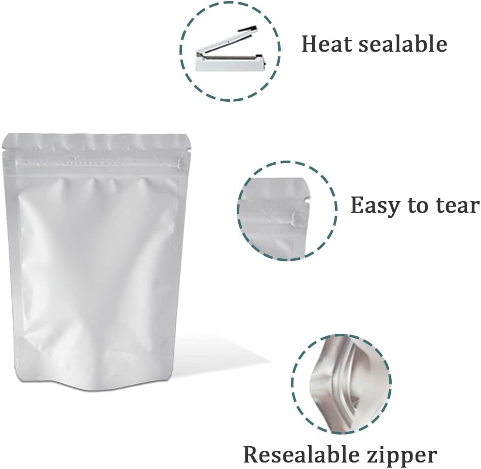 PABCK 50 Pieces 5.5x7.87 inch(Inside Size 4.7x5.1 inch) Stand-Up Resealable Heat Seal Bags 3.55mil Thick Frosted White Foil Sealed Bags for Zip Packaging Lock Food Storage Pouch