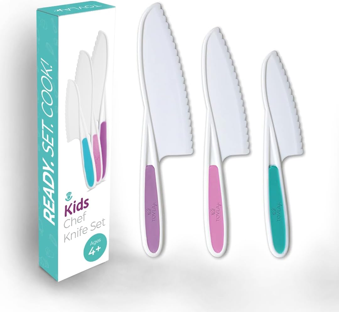 Tovla Jr. Kid Safe Knife Set for Real Cooking | 3-Piece Toddler Kitchen Knives | Montessori & STEM Cooking Tools Ages 4–12 | BPA-Free, Dishwasher-Safe | Christmas, Birthday & Stocking Stuffer Gift