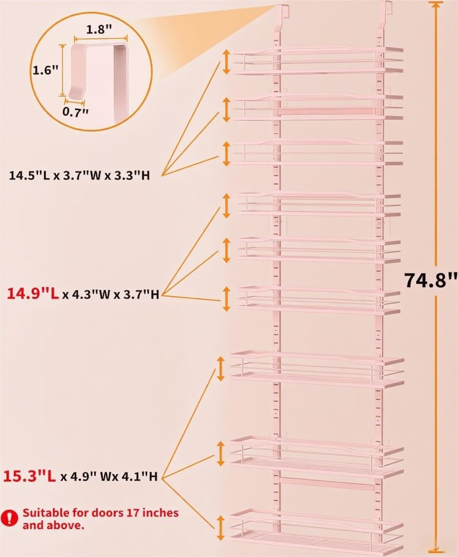 Moforoco Pink 9-Tier Over The Door Pantry Organizer, Pantry Organization and Storage, Black Hanging Basket Wall Spice Rack Seasoning Shelves