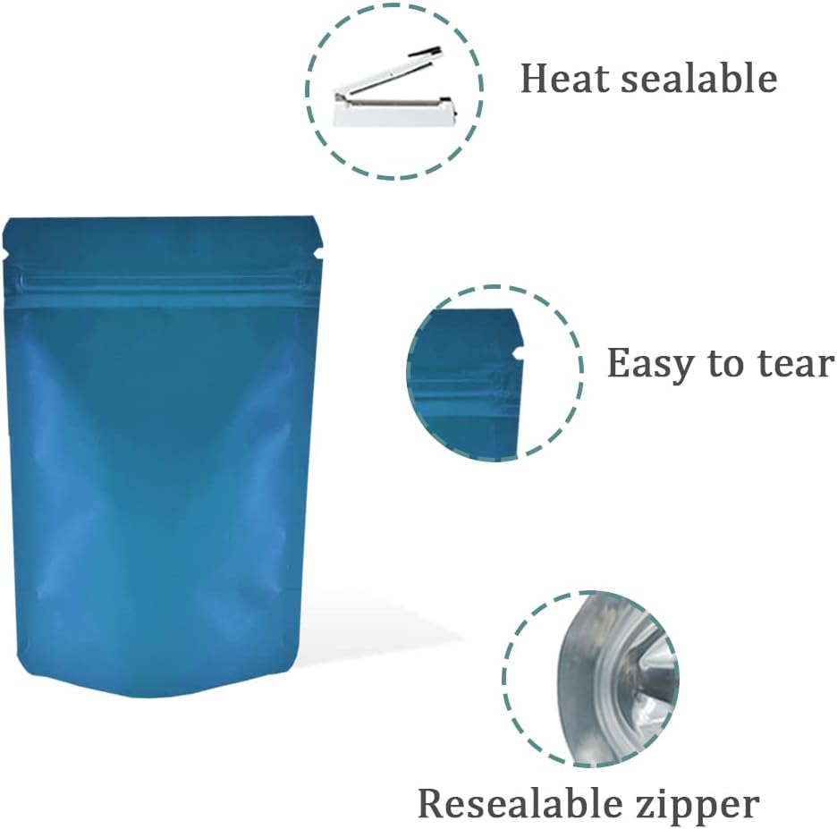 PABCK Stand-Up Resealable Heat Seal Bags 3.55mil Thick Frosted Blue Foil Sealed Bags 50 Pieces 3.35x5.1 inch for Zip Packaging Lock Food Storage Pouch