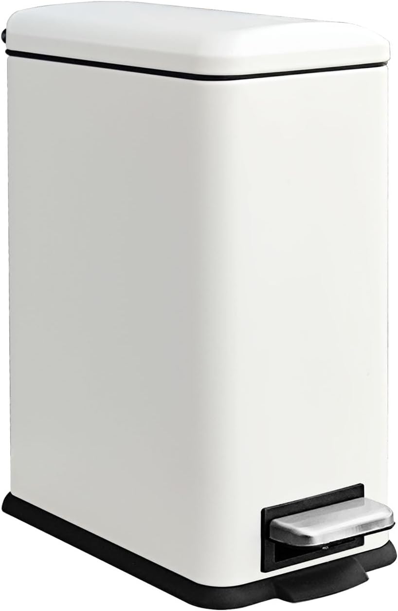 Trash Can with Lid, 10L Bathroom Waste Bin, Small Pedal Bin, Stainless Steel Garbage Can for Bathroom, Bedroom and Office, White