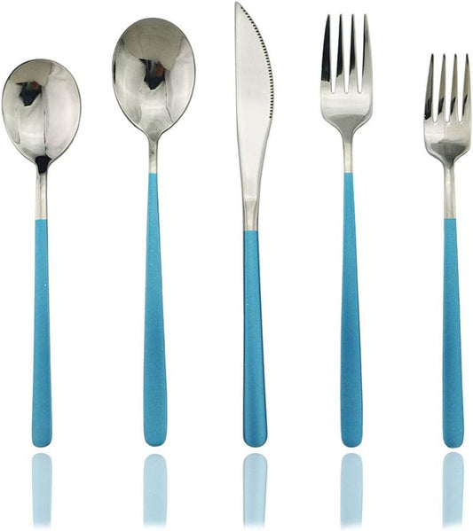 JASHII 20-Piece Silverware Set with Serving Utensils, SUS304 Stainless Steel Flatware Cutlery Set for 4, Eating Utensil Tableware Sets, Mirror Finish(Blue silver)