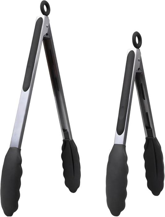 Kitchen Tongs for Cooking with Non-Stick Silicone Tip 2 Pack (9" & 12"), Heat Resistant Food Tongs, Stainless Steel Locking Silicone Tongs for Baking Salad Grill BBQ, Serving Utensils