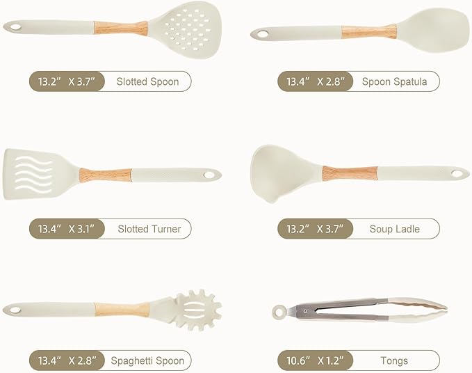 Kitchen Utensils Set - 7 PCS Non-Stick Silicone Cooking Utensils Set with Wooden Handle,Kitchen Gadgets Tools Set for Nonstick Cookware (Cream White-7Max)