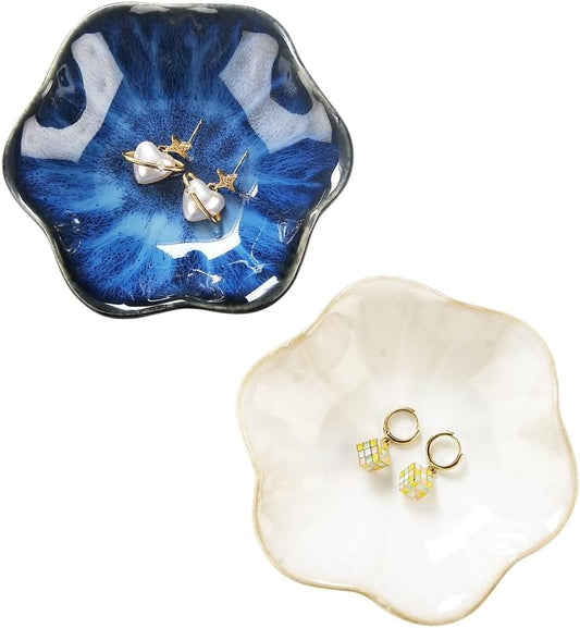 2PCS Lotus Leaf Shape Ring Holder Dish, Small Key Bowl, Ceramic Trinket Tray Jewelry Dish Organizing Necklace Earrings for Mom Friend Sister, All Jewelries Are NOT Included.White+Deep Blue.
