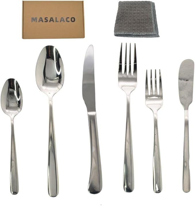 36 Piece Silverware Set,MASALACO 6-Piece Stainless Steel Cutlery Set-Knife Fork Butter Knife and Spoon,Mirror Finish,Suitable for Home Restaurant Hotel Kitchen Utensils,Dishwasher Safe