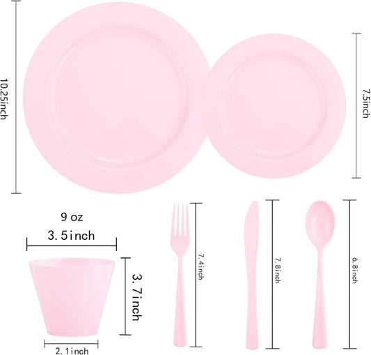 KIRE 150 Pieces Pink Plastic Plates Disposable - Pink Dinnerware Set Include 25 Dinner & 25 Salad Plates 25Forks 25Knives 25Spoons 25 Cups for Baby Shower/Bridal Shower