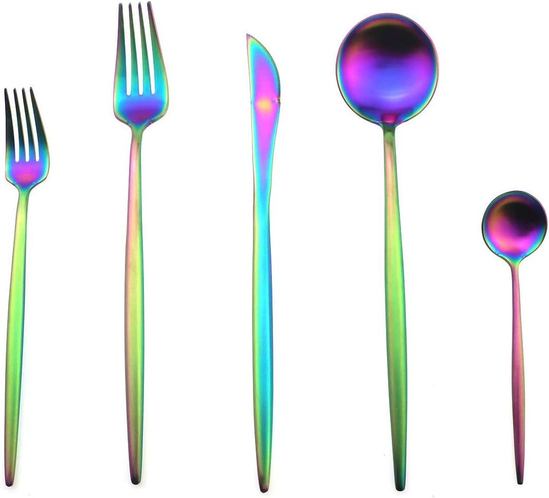 Gugrida 5 Pieces Matte Rainbow Flatware Set, 18/10 Stainless Steel Cutlery Sets Including Knife Fork Spoon w/Dessert Fork Teaspoon, Silverware Sets Service for 1